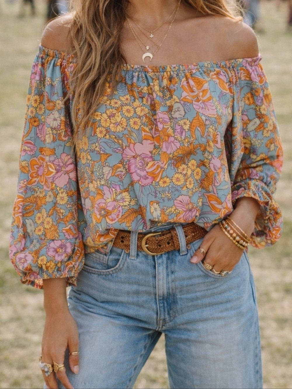 Entro Floral Boho Blouse Large Blue Pink Orange Retro 70s Puff Sleeve Peasant